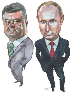 Petro Poroshenko and Vladimir Putin; drawing by James Ferguson