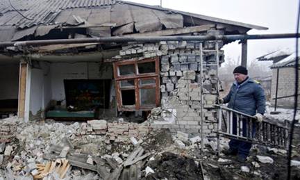 Damaged caused by pro-Russia rebel mortars in the town of Avdiivka in Ukraine's eastern Donbass region. Photograph: Anatolii Stepanov/Demotix/Corbis